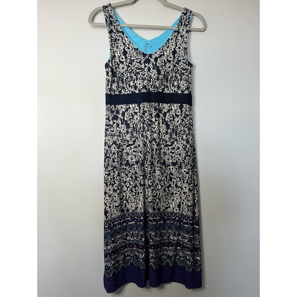 Women’s Athleta blue and tan paisley patterned midi dress size ST